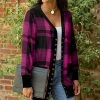 Lily | Black & Pink Plaid Pocket Snap-Button Cardigan - Plus