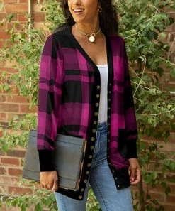 Lily | Black & Pink Plaid Pocket Snap-Button Cardigan - Plus