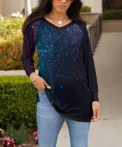 Lily | Purple & Navy Abstract Ombré Long-Sleeve V-Neck Tunic - Women