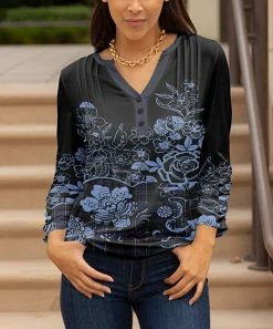 Lily | Black & Blue Floral Pleated-Accent Button-Front Top - Women