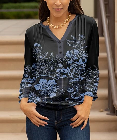 Lily | Black & Blue Floral Pleated-Accent Button-Front Top - Women 1 Lily | Black & Blue Floral Pleated-Accent Button-Front Top - Women