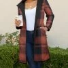 Lily | Navy & Coral Plaid Longline Button-Up Fleece Coat - Women
