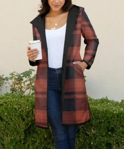 Lily | Navy & Coral Plaid Longline Button-Up Fleece Coat - Women