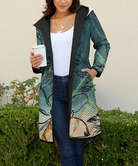 Lily | Green & Cream Abstract Pin Dot Longline Button-Up Fleece Coat - Women 1 Lily | Green & Cream Abstract Pin Dot Longline Button-Up Fleece Coat - Women