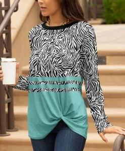 Lily | Aqua & Black Zebra Twist-Hem Long-Sleeve Tunic - Plus