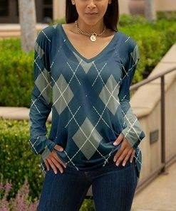 Lily | Navy & Olive Argyle V-Neck Tunic - Women