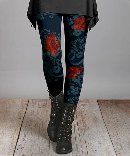 Lily | Navy & Red Floral Swirl Leggings - Plus 1 Lily | Navy & Red Floral Swirl Leggings - Plus