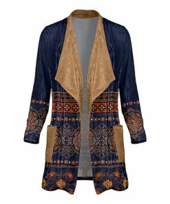 Lily | Navy & Orange Geometric Lapel Pocket Velvet Open Cardigan - Women
