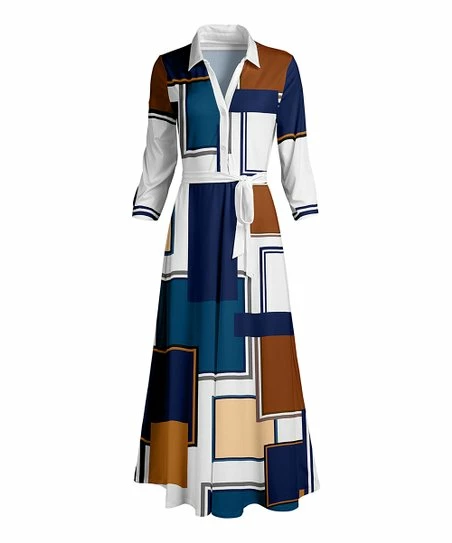 Lily | Navy & Brown Geometric Button-Front Tie-Waist Maxi Dress - Plus 1 Lily | Navy & Brown Geometric Button-Front Tie-Waist Maxi Dress - Plus