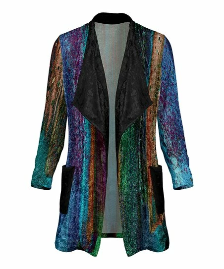 Lily | Blue & Green Abstract Pocket Velvet Cardigan - Women 1 Lily | Blue & Green Abstract Pocket Velvet Cardigan - Women