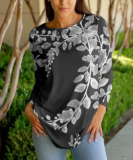 Lily | Dark Gray Leaves Long-Sleeve Tunic - Women & Plus 1 Lily | Dark Gray Leaves Long-Sleeve Tunic - Women & Plus