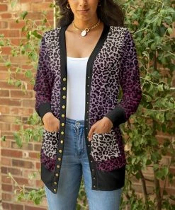 Lily | Black & Purple Leopard-Print Pocket Button-Up Cardigan - Plus