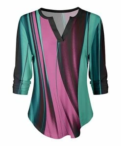 Lily | Teal & Pink Abstract Curved-Hem V-Neck Top - Plus