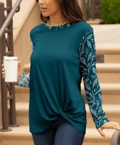 Lily | Teal & Gray Vine Long-Sleeve Raglan Top - Women