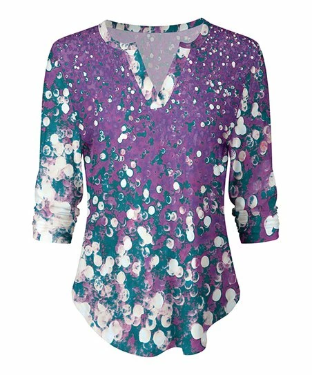 Lily | Purple & White Bokeh Long-Sleeve Notch Neck Top - Women 1 Lily | Purple & White Bokeh Long-Sleeve Notch Neck Top - Women