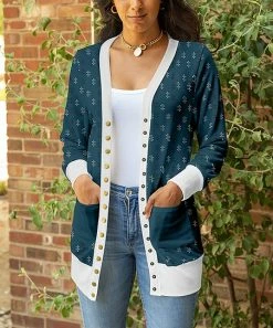 Lily | Teal & White Geometric Button-Up Cardigan - Plus