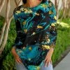 Lily | Teal & Gold Marbled Jewel-Collar Long-Sleeve Tunic - Plus