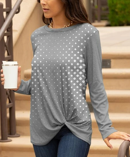 Lily | Gray & White Abstract Polka Dot Twist-Front Long-Sleeve Tunic - Plus 1 Lily | Gray & White Abstract Polka Dot Twist-Front Long-Sleeve Tunic - Plus