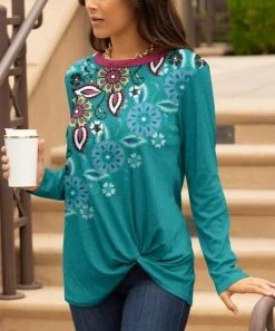 Lily | Turquoise & Mauve Floral Twist-Front Long-Sleeve Tunic - Women