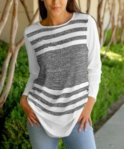 Lily | White & Heather Gray Stripe Jewel-Collar Long-Sleeve Tunic - Women