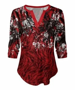 Lily | Red & Black Abstract Floral Long-Sleeve Notch Neck Top - Plus