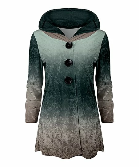 Lily | Teal & Gray Ombré Button-Accent Velvet Hooded Cardigan - Women 1 Lily | Teal & Gray Ombré Button-Accent Velvet Hooded Cardigan - Women