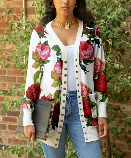 Lily | White & Red Floral Rose Snap-Button Cardigan - Women & Plus 1 Lily | White & Red Floral Rose Snap-Button Cardigan - Women & Plus