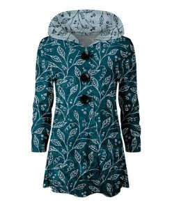 Lily | Teal & Turquoise Leaf Button-Accent Tunic Hoodie - Women