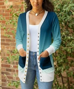 Lily | Navy & White Ombré Contrast Pocket Button-Up Cardigan - Women