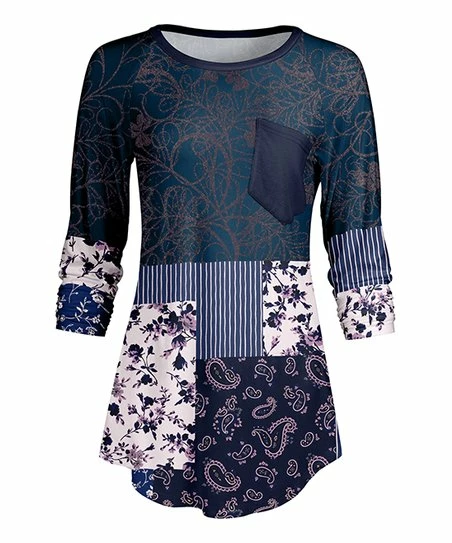 Lily | Teal & Navy Multi-Print Patchwork Pocket Raglan Tunic - Plus 1 Lily | Teal & Navy Multi-Print Patchwork Pocket Raglan Tunic - Plus