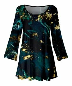 Lily | Black & Teal Marble Bell-Sleeve Tunic - Plus