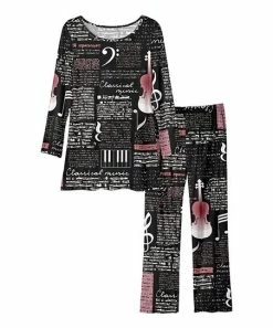 Lily | Black & Pink Musical Newspaper Long-Sleeve Loungewear Set - Plus
