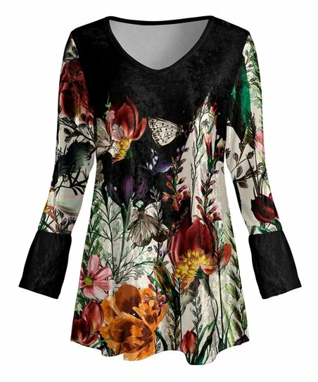 Lily | Black & Cream Floral Velvet Scoop Neck Tunic - Women 1 Lily | Black & Cream Floral Velvet Scoop Neck Tunic - Women