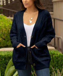 Lily | Dark Blue Cable-Knit Pocket Button-Up Cardigan - Women & Plus