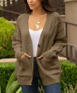 Lily | Mocha Cable-Knit Pocket Button-Up Cardigan - Plus