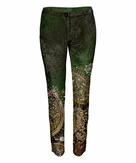 Lily | Olive & Gold Paisley Velvet Skinny Pants - Women 1 Lily | Olive & Gold Paisley Velvet Skinny Pants - Women