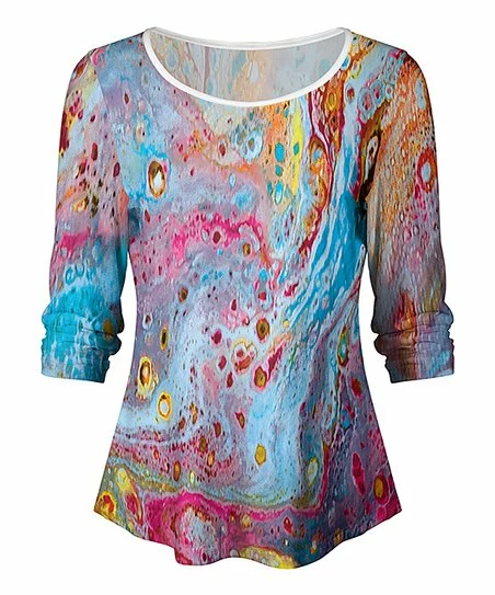 Lily | Blue & Pink Multicolor Abstract Round Neck Long-Sleeve Top - Plus 1 Lily | Blue & Pink Multicolor Abstract Round Neck Long-Sleeve Top - Plus