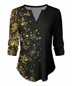 Lily | Black & Gold Star Sparkle Notch Neck Top - Plus