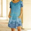 Lily | Blue & Turquoise Floral Decorative Short-Sleeve Shift Dress - Women