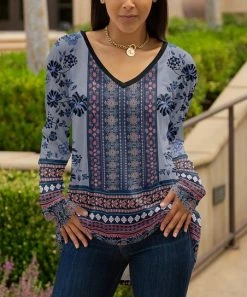 Lily | Blue & Pink Floral Scarf-Print Long-Sleeve V-Neck Tunic - Women