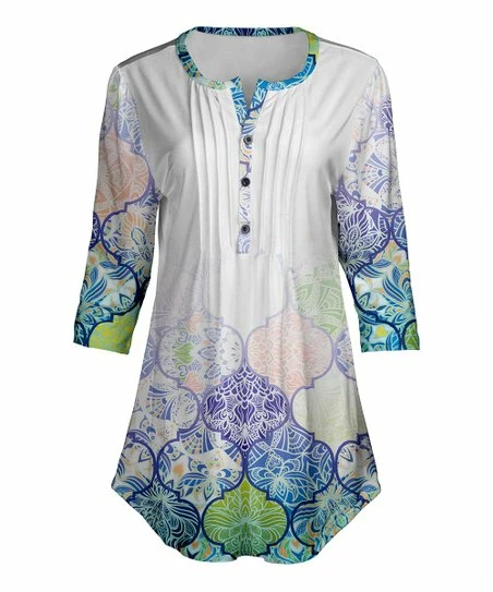 Lily | Bluee & Black Arabesque Three-Quarter Sleeve Tunic - Women 1 Lily | Bluee & Black Arabesque Three-Quarter Sleeve Tunic - Women