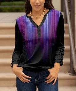 Lily | Black & Purple Stripe Stars Button-Front Notch Neck Top - Plus