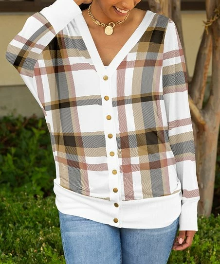 Lily | White & Brown Plaid Cardigan - Women & Plus 1 Lily | White & Brown Plaid Cardigan - Women & Plus