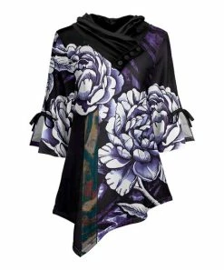 Lily | Black & Purple Floral Asymmetrical Cowl-Neck Tunic - Women