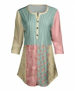 Lily | Turquoise & Rose Floral Patchwork Three-Quarter Sleeve Tunic - Plus