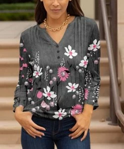 Lily | Gray & Pink Floral Button-Front Notch Neck Top - Women & Plus