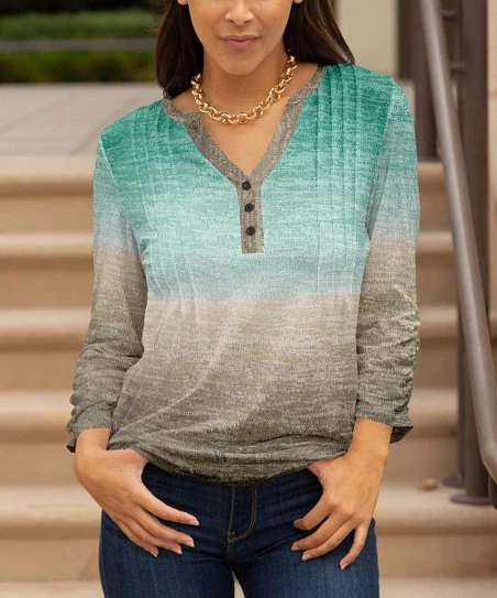 Lily | Olive & Gray Ombré Button-Front Notch Neck Top - Plus 1 Lily | Olive & Gray Ombré Button-Front Notch Neck Top - Plus