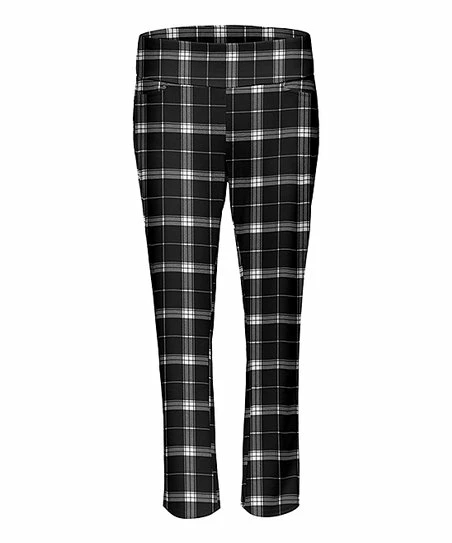 Lily | Black & White Plaid Wide-Waistband Straight-Leg Pants - Women 1 Lily | Black & White Plaid Wide-Waistband Straight-Leg Pants - Women