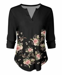 Lily | Black & Rose Floral Long-Sleeve V-Neck Top - Plus