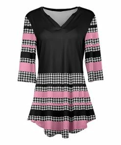 Lily | Black & Pink Stripe Houndstooth V-Neck Tunic - Women